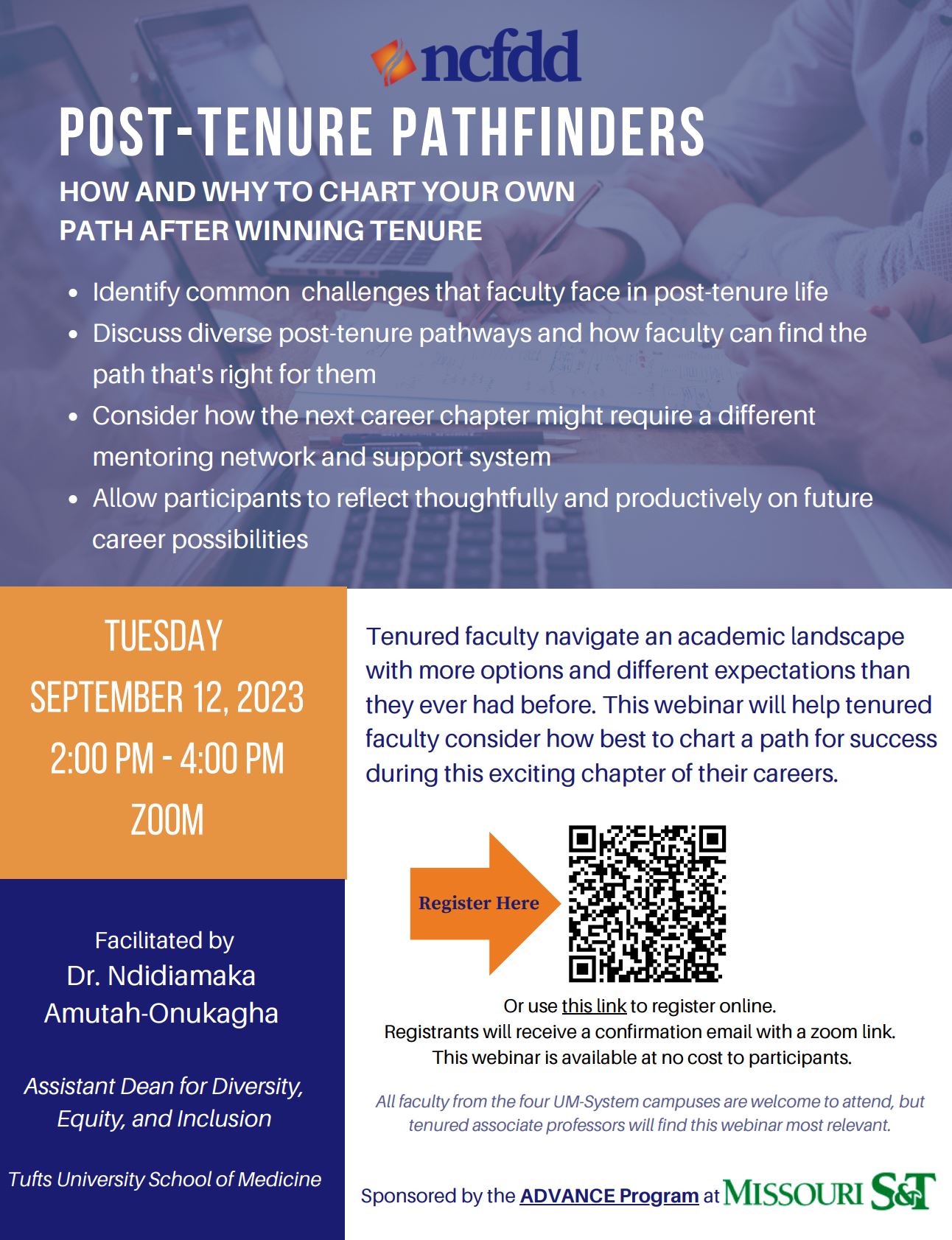 Flyer for Post-Tenure Pathfinders. How and why to chart your own path after winning tenure. Tuesday, September 12th, 2023 2pm-4pm on Zoom. Link to register: https://us02web.zoom.us/meeting/register/tZYlcemtpjIrE9T8MjItlAQw-EBImqfFteWR#/registration
